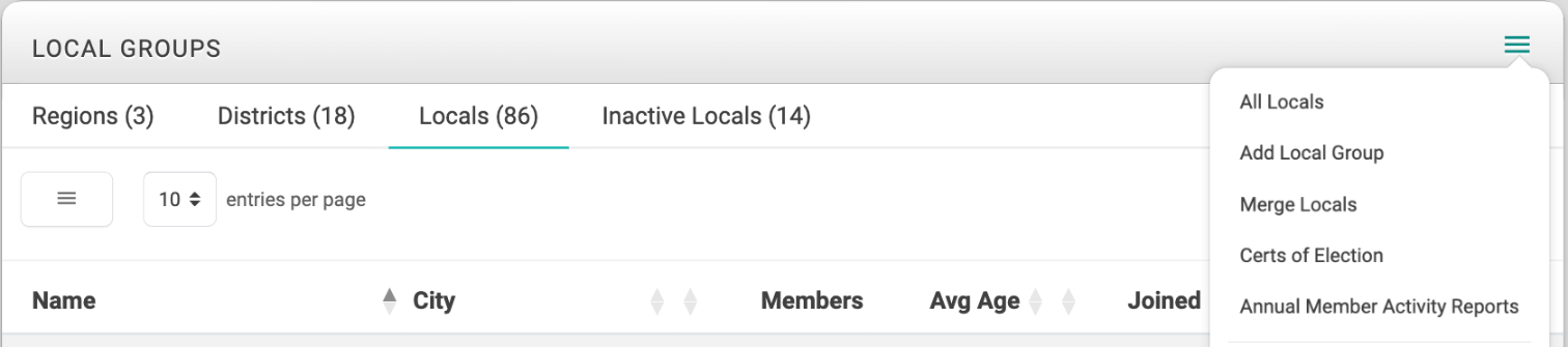 The Local Groups card menu with Merge Locals