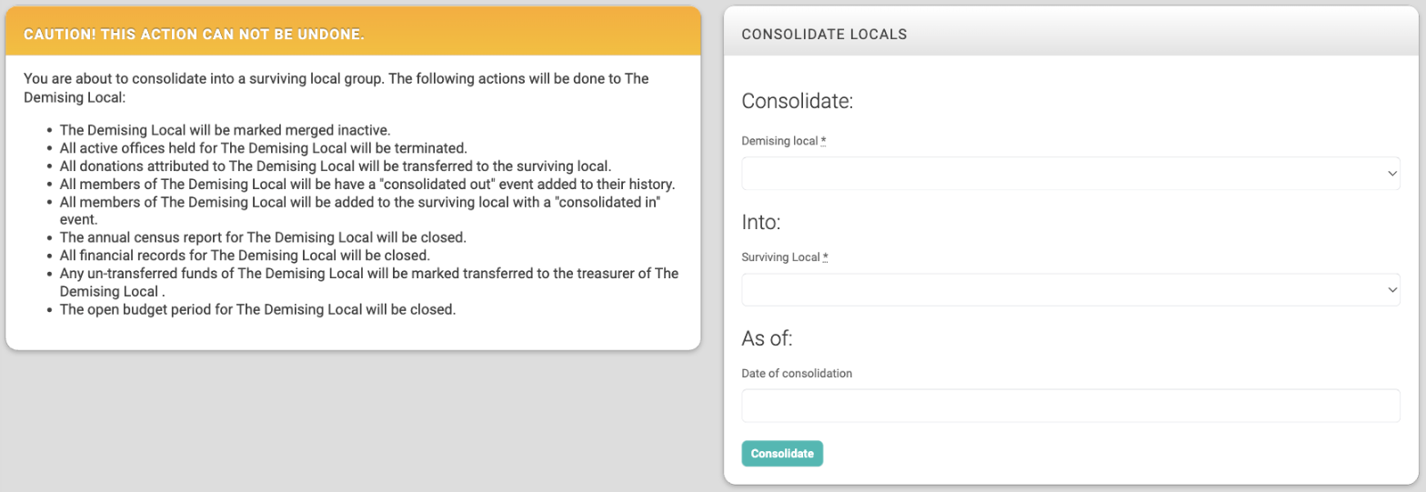 The Consolidate Locals form with the Caution panel