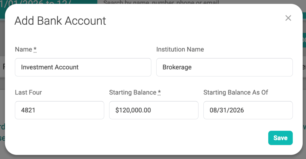 Add Bank Account window filled in for an investment account