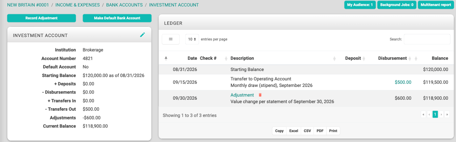 Investment Account page with its starting balance, a regular draw, and a value change adjustment in the ledger