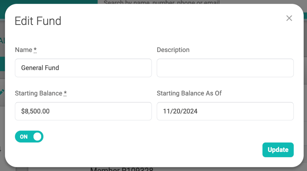 Edit Fund window for General Fund with a Starting Balance of $8,500.00 as of 11/20/2024