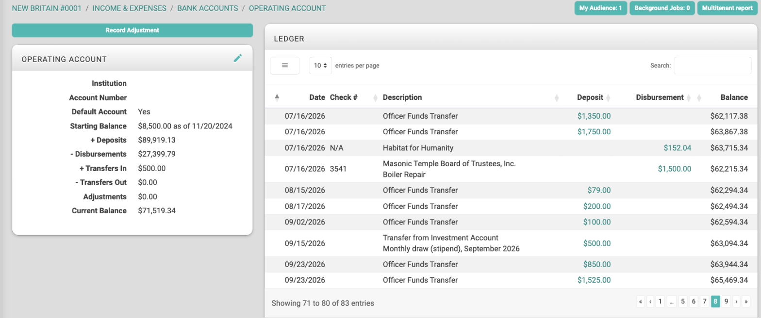 Operating Account page with the Record Adjustment button and the ledger's Balance column