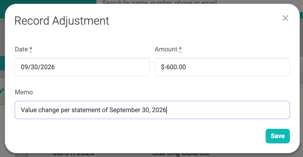 Record Adjustment window with a negative amount and a value change memo