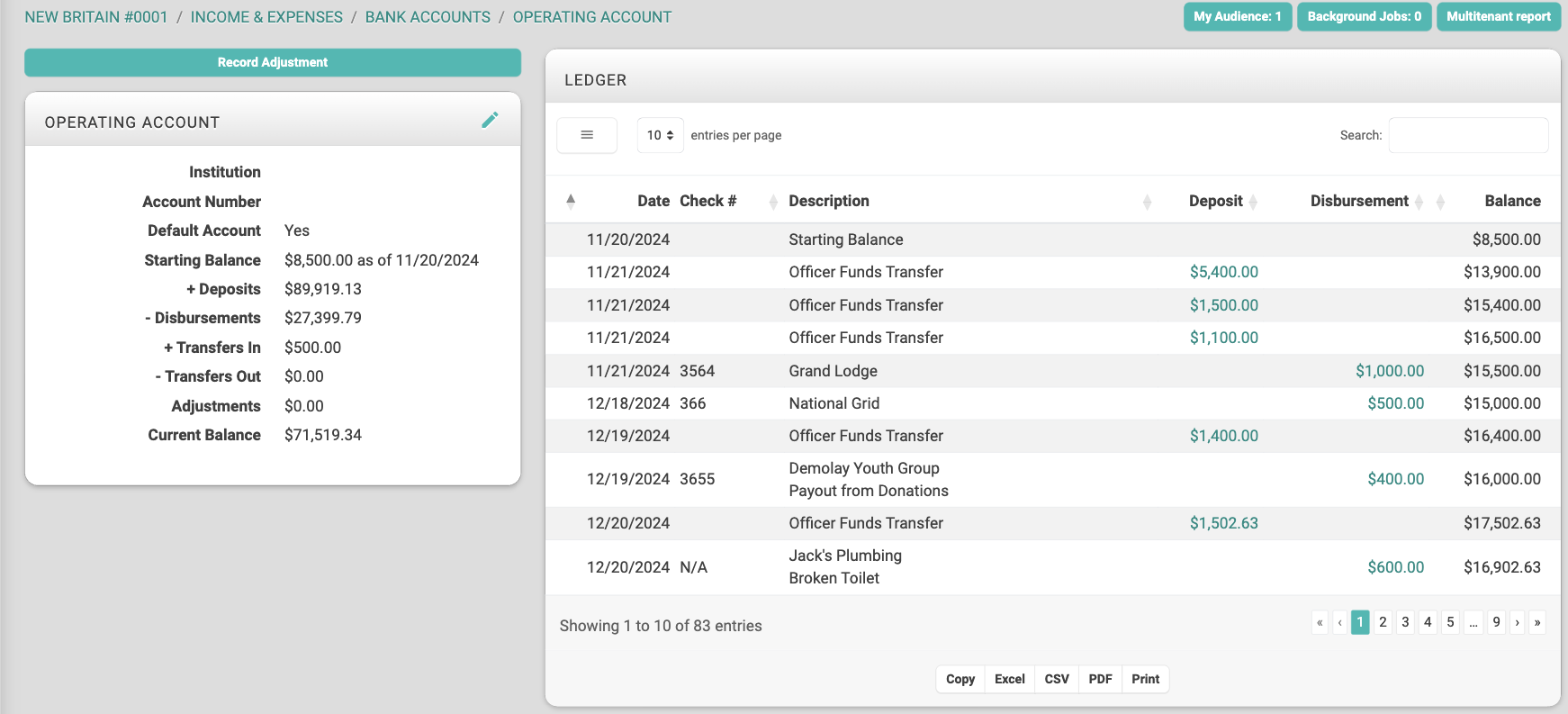 Operating Account page with a starting balance of $8,500.00, no red balances, and a Current Balance of $71,519.34