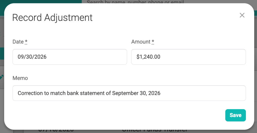 Record Adjustment window filled in with a statement date, an amount, and a correction memo