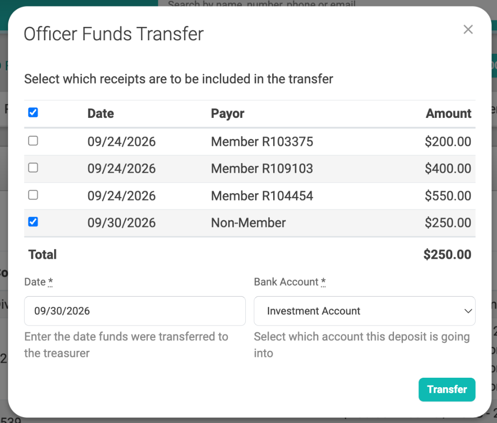 Officer Funds Transfer window with only the earnings payment checked and the Investment Account chosen