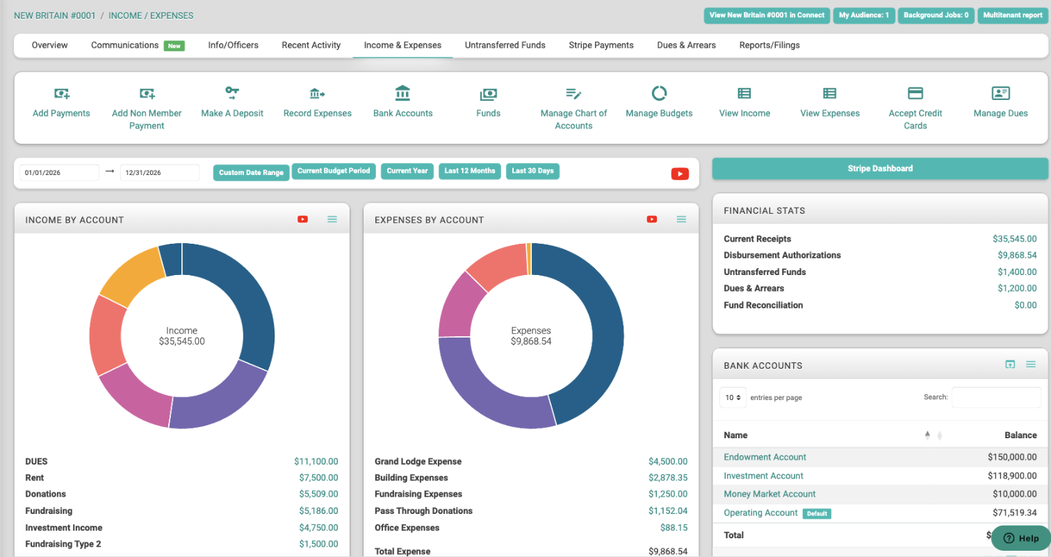 Income & Expenses tab with the shortcut row and the Bank Accounts card