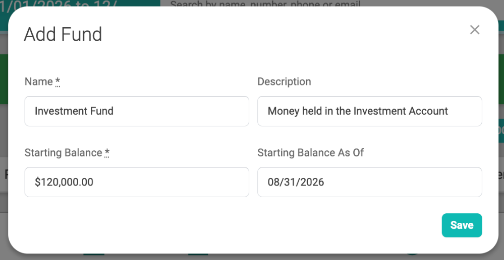 Add Fund window with the same starting balance and date as the new account