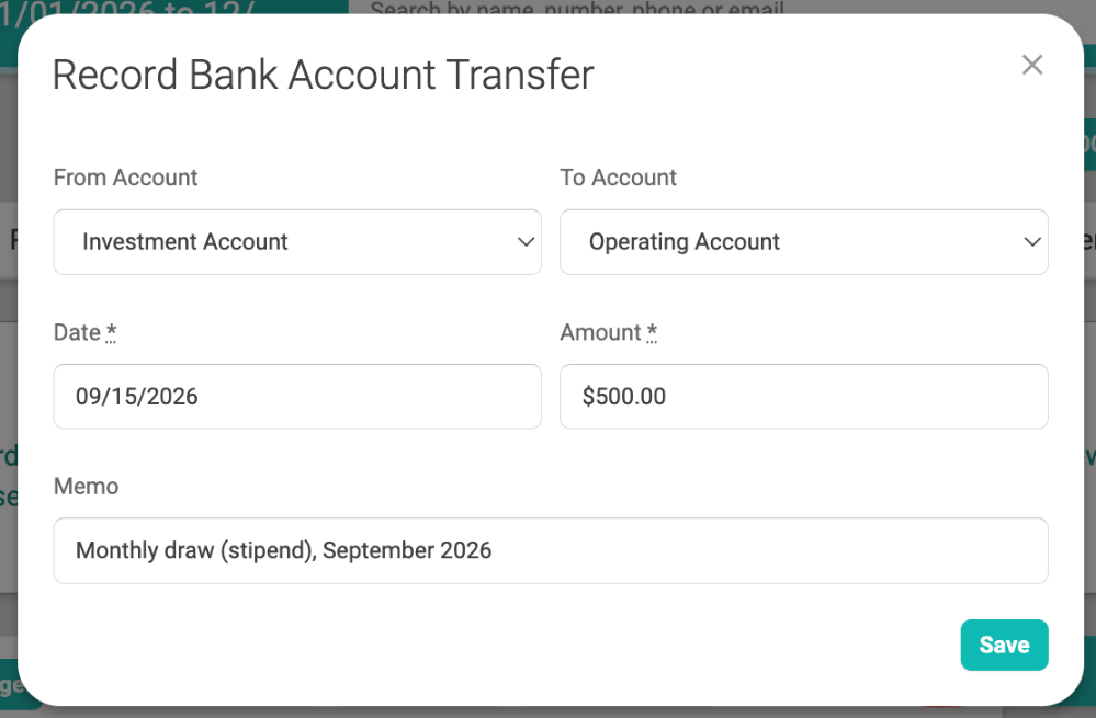 Record Bank Account Transfer window for a regular draw from the Investment Account to the Operating Account