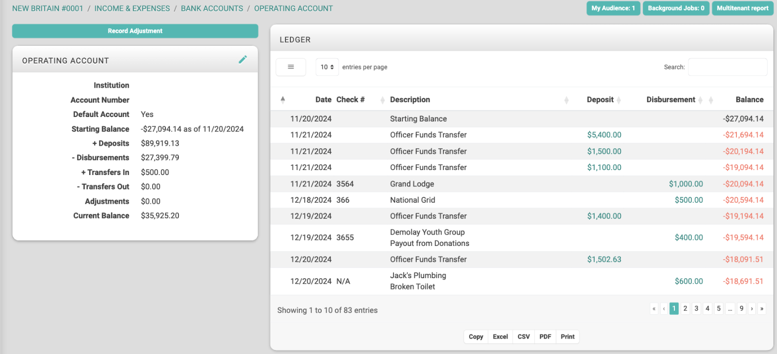 Operating Account page with a starting balance of -$27,094.14 as of 11/20/2024 and red balances in the ledger