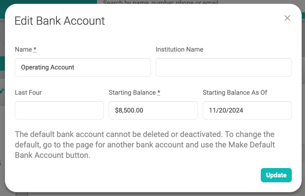 Edit Bank Account window with a Starting Balance of $8,500.00 as of 11/20/2024