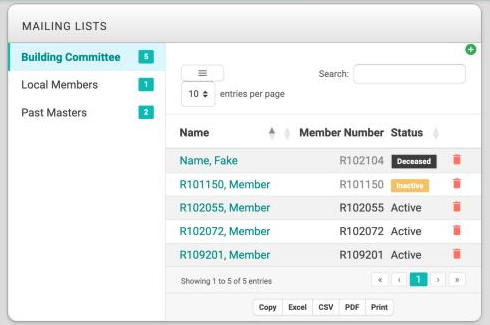 Each list name has a number tag showing how many people are on it. Click a name to show its people on the right.