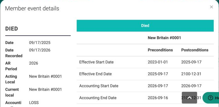The Member event details window, with AR Period