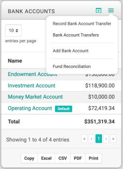 The Bank Accounts card with its menu open, listing Record Bank Account Transfer, Bank Account Transfers, Add Bank Account, and Fund Reconciliation