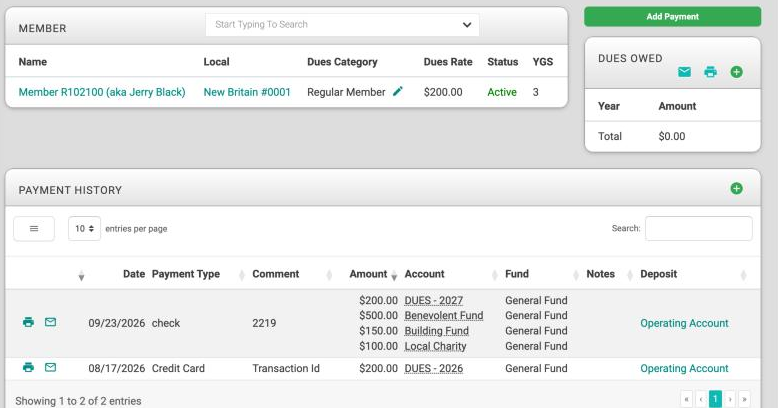 A member's Add Payments page with the green Add Payment button at the top right and a Payment History list that shows a printer icon and an envelope icon at the start of each payment row