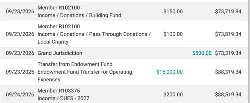 Close-up of fund ledger rows showing income rows, an expense row with a clickable amount, and a transfer from the Endowment Fund with its memo and a clickable amount.