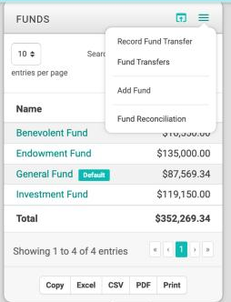 The Funds card on the Income & Expenses tab with its menu open, showing Record Fund Transfer, Fund Transfers, Add Fund, and Fund Reconciliation, and a Default badge beside General Fund.