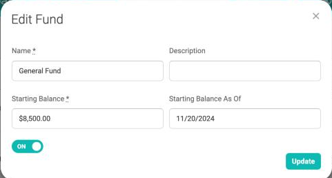 The Edit Fund window for General Fund with the fields Name, Description, Starting Balance, and Starting Balance As Of, a switch turned on, and the Update button.