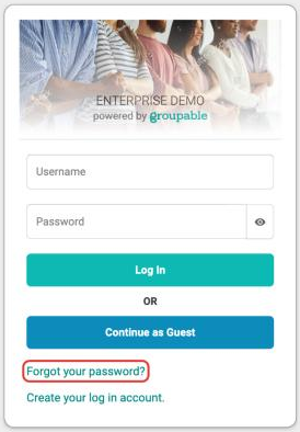 The login screen with the Forgot your password? link outlined in red below the Log In and Continue as Guest buttons.