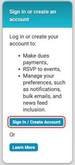 The Sign in or create an account box on a Connect page, with a list of what you can do after signing in, the Sign In / Create Account button outlined in red, and then Or and a Learn More button.