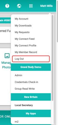 The account menu open under the user's name with Log Out outlined in red, below My Member Record and above the role headings.