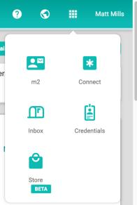 The app grid open from the top bar, showing tiles for m2, Connect, Inbox, Credentials, and Store, with a BETA tag on Store and no Raiser tile.