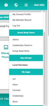 The lower part of the account menu showing My Connect Profile, My Member Record, Log Out, a parent group heading with three roles, a local group heading with Local Secretary in bold, and the My Apps list of m2, Inbox, Connect, Credentials, and Store.
