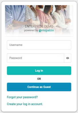 The login screen with empty Username and Password boxes, the eye button at the right end of the Password box, the Log In and Continue as Guest buttons, and the Forgot your password? and Create your log in account. links.