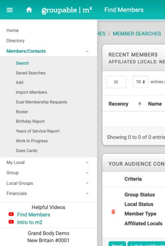 The main menu open along the left side of the screen with the Members/Contacts section expanded and Search highlighted, and the Helpful Videos box and the parent group and local group names below the list.