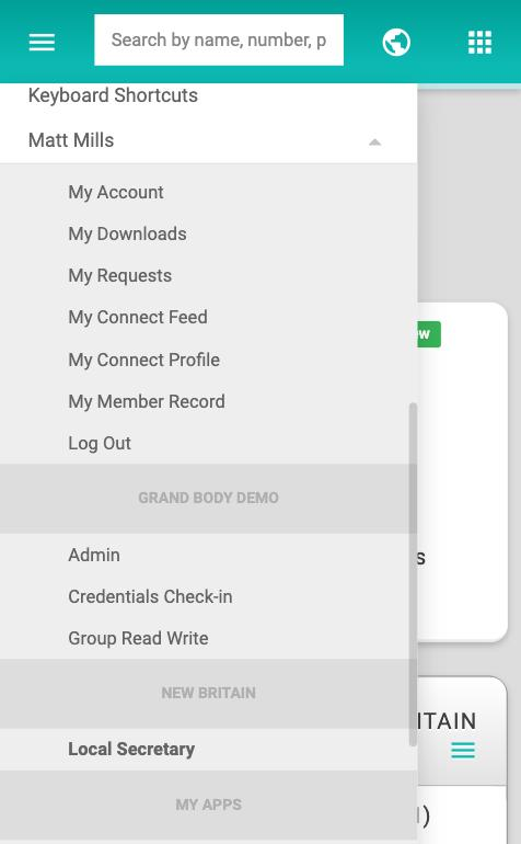 On a phone, the bottom of the main menu with the user's name opened to show My Account, My Downloads, My Requests, My Connect Feed, My Connect Profile, My Member Record, and Log Out, followed by role headings for the parent group and the local group.