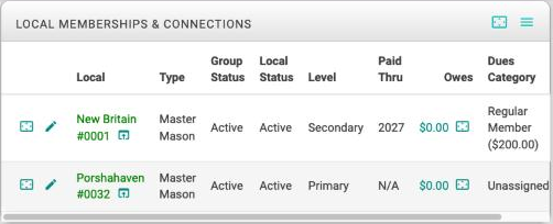 The Local Memberships and Connections card with two membership rows, each with an expand icon and a pencil, and a box with an arrow beside each local group name.