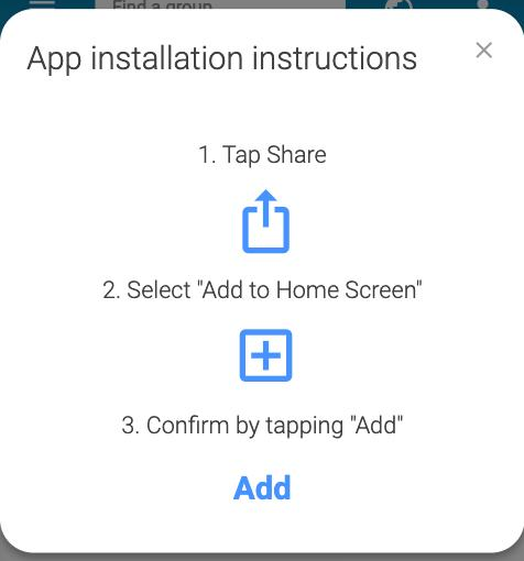 A box titled App installation instructions that lists three steps for adding Connect to an iPhone home screen: tap Share, select Add to Home Screen, and tap Add.