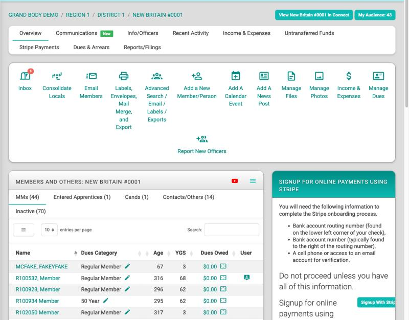 The top of a local group Home screen, showing the row of tabs, a row of shortcut buttons, and the Members And Others list with its tabs and counts.