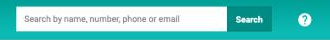The search box in the top bar, empty and showing the hint "Search by name, number, phone or email", with the Search button and the question mark icon beside it.