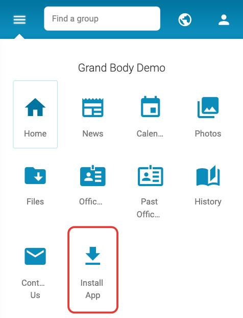 A phone showing the open Connect menu, with page icons such as Home, News, and Calendar and an outlined Install App tile at the bottom.