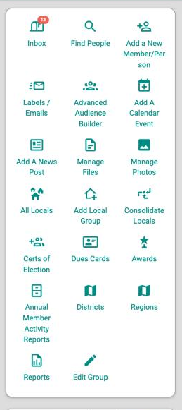 The parent group shortcut buttons arranged in a grid, such as Inbox, Find People, All Locals, Reports, and Edit Group.
