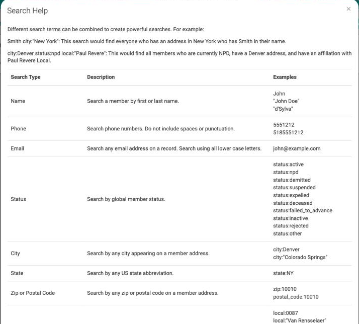 The Search Help window with two combined search examples at the top and a table of search types, descriptions, and examples below.