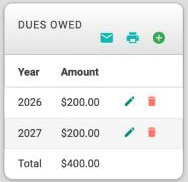 The Dues Owed card with an envelope, printer, and green plus in the header, and a pencil and red trash can on each of two dues rows.