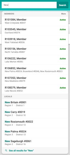 The list under the search box after typing "New", with a Members heading and eight member rows, a Locals heading with five local groups, and a last row for seeing all results.