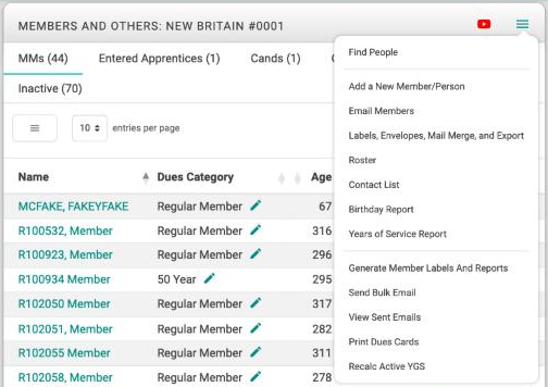The menu in the top right corner of the Members And Others box open, listing Find People, Add a New Member/Person, Roster, Contact List, Birthday Report, Years of Service Report, and other items.