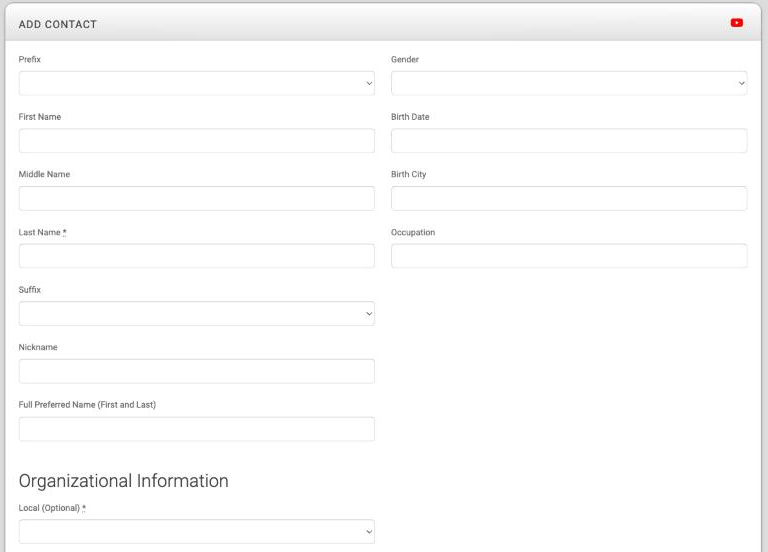 The top half of the Add Contact screen with empty name fields, Birth Date, Birth City, Occupation, and the Organizational Information heading with the Local list.