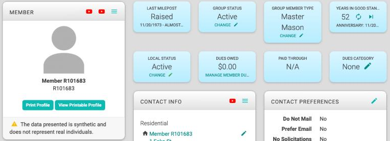 The top of a member's record, with a row of tiles including Local Status with a Change link, Dues Owed, Paid Through, and Dues Category, beside a card headed Member.