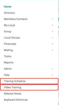 The lower part of the main menu with the Training Schedule and Video Training entries outlined in red.