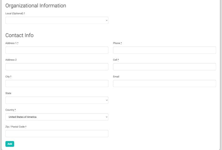 The bottom half of the Add Contact screen with the Local list, the Contact Info fields from Address 1 down to Email, and the Add button.