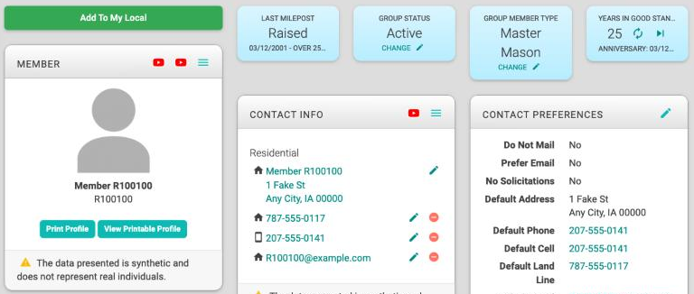 A member's record from another local group with a green Add To My Local button above the Member card and the tiles and contact cards beside it. Your own view may be shorter or longer, depending on your role.