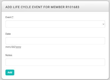 The Add Life Cycle Event form with an Event list, a Date box, a Notes box, and an Add button.
