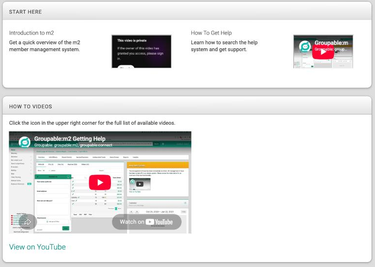 The Videos screen with a Start Here box holding two video tiles, and a How To Videos box below it with a video player and a View on YouTube link.