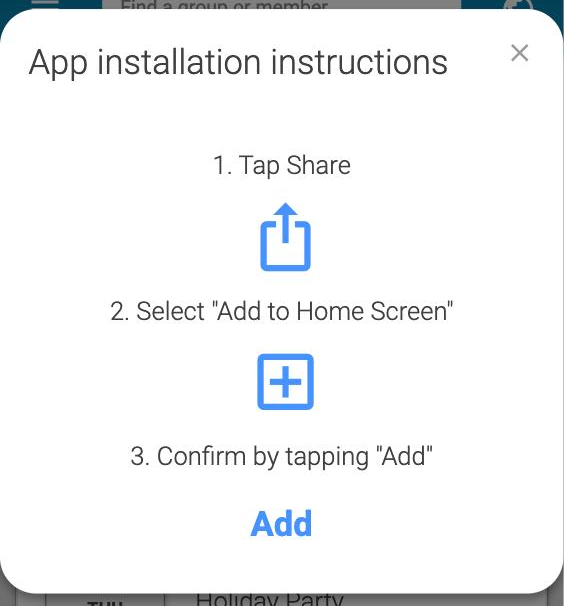 The App installation instructions box, with three numbered steps: Tap Share, Select Add to Home Screen, and Confirm by tapping Add.
