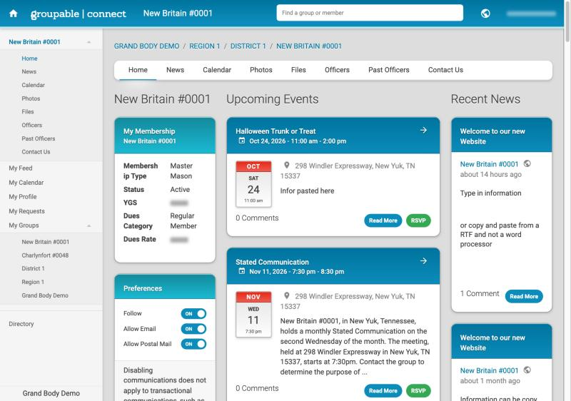 A group's Home page on a computer, with the left menu, the row of tabs across the top, and columns for My Membership, Upcoming Events and Recent News.