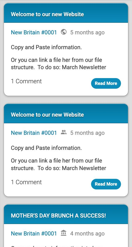 The News page on a phone, with three posts that each show a different small icon next to the group name: a globe, two people and a building with columns.